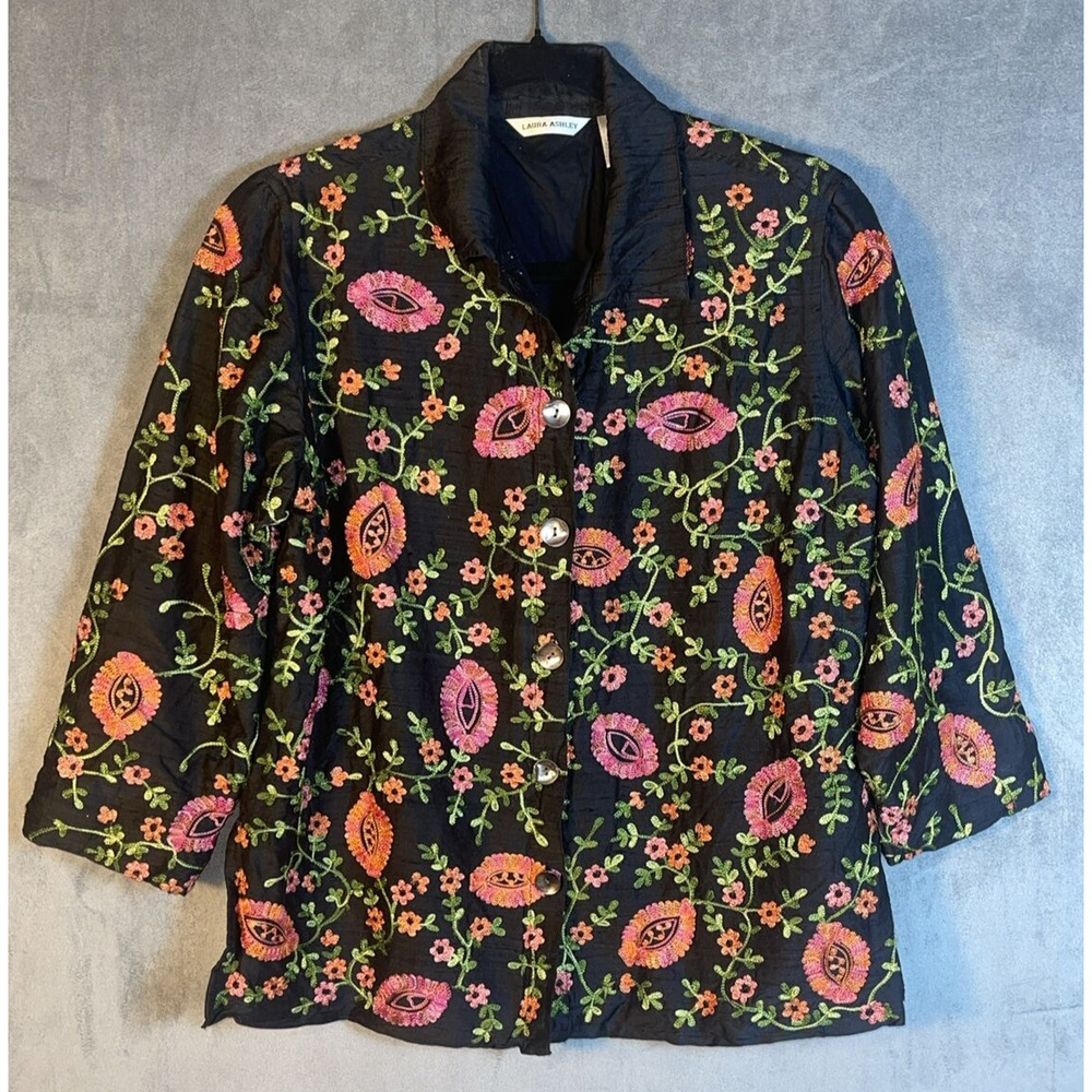 Laura Ashley Blouse Jacket‎ Button Floral Embroidered Silk Black Lined 3/4